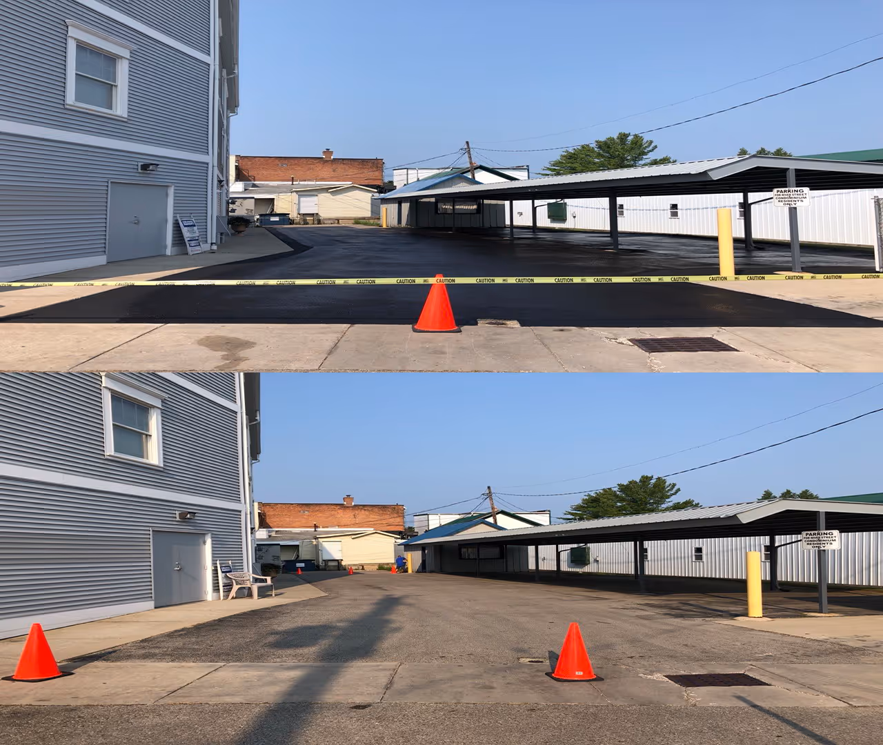 Professional commercial parking lot sealcoating for Edward Jones on River St in downtown Elk Rapids, MI.