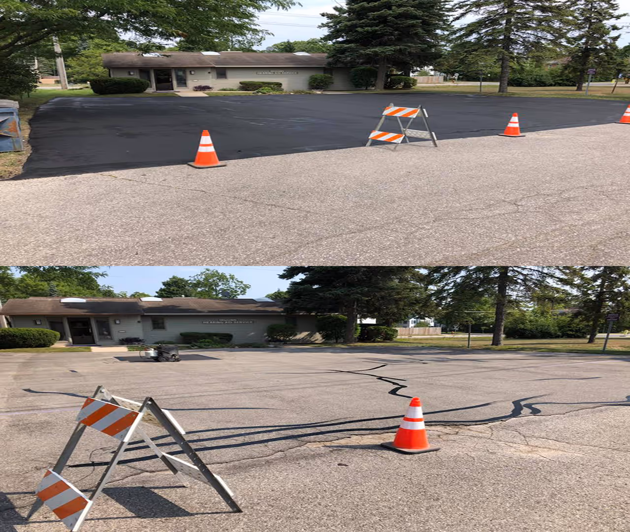 Professional commercial parking lot sealcoating for Higgins Hearing & Audiology on W Front St in Traverse City, MI.
