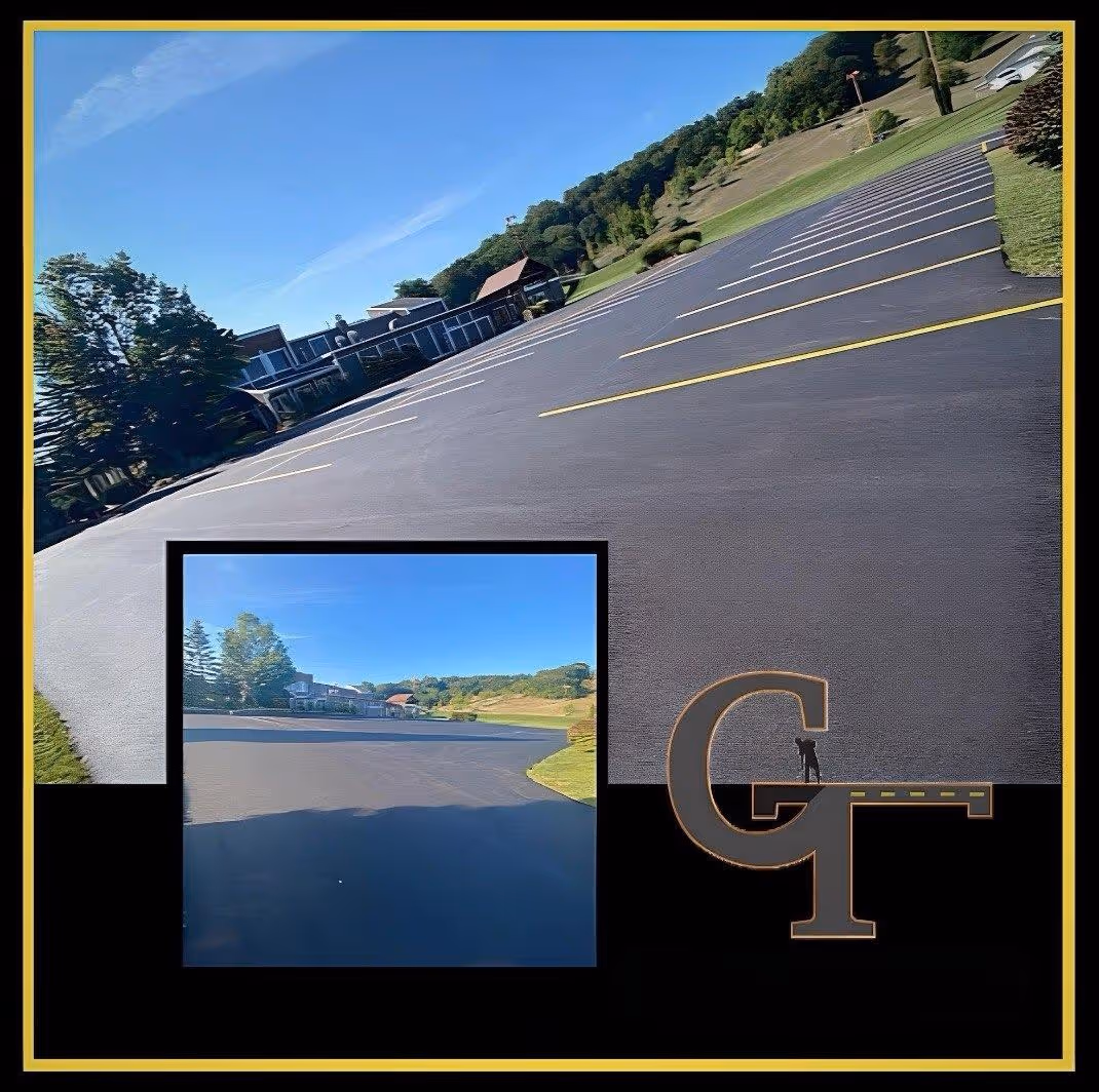 A view of the new parking lot layout and precision striping at Timberlee Hills in Leelanau County, Michigan. The image highlights high-visibility pavement markings on a freshly paved asphalt surface, a collaborative project successfully completed with Team Elmer's for the recreation and event venue.