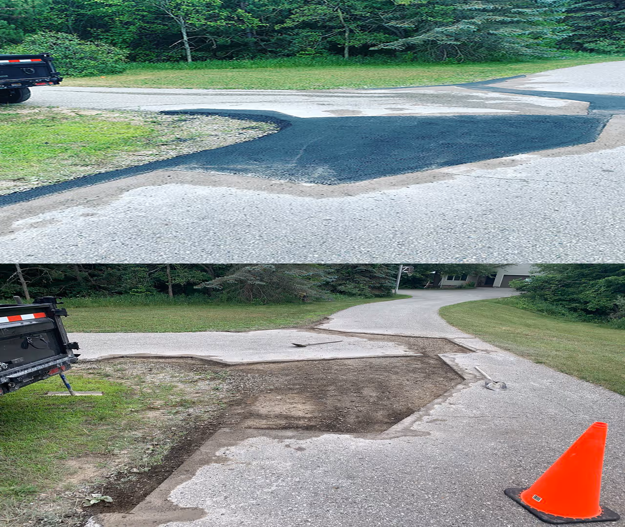 A high-contrast before and after of a residential asphalt driveway repair on Barney Rd in Traverse City, MI. The "before" image displays a failed pavement section with heavy cracking, while the "after" demonstrates a seamless, professional asphalt patch and structural restoration, significantly improving the property's durability and curb appeal.