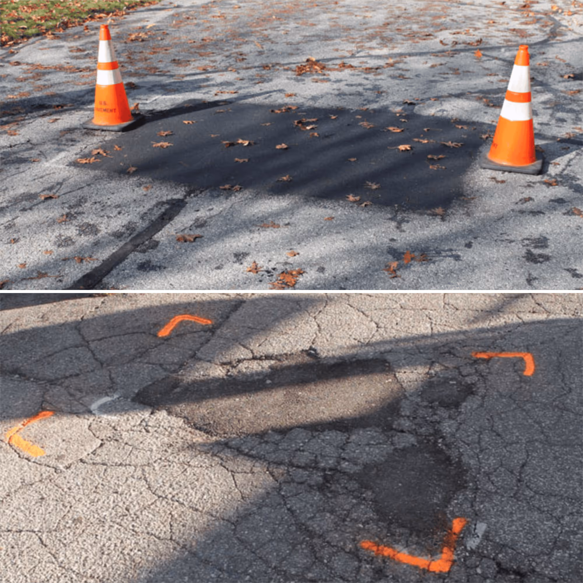 A high-impact before and after comparison of an infrared seamless asphalt repair at Cottage Glen HOA in Williamsburg, MI. Located off Lautner Rd next to the Grand Traverse Resort and Spa, the images showcase the transformation from a cracked pavement failure to a heat-bonded, smooth, and water-tight repair.