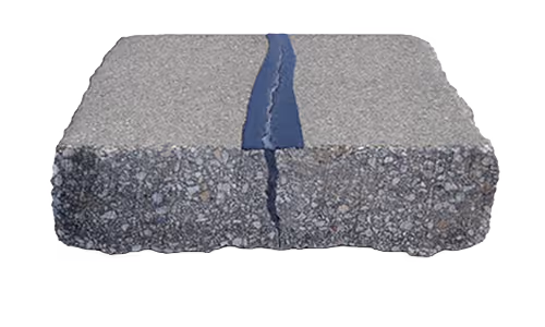 A detailed cross-section cut-away of an asphalt crack professionally filled with hot-rubberized sealant, demonstrating how the material penetrates deep into the pavement to create a waterproof bond and prevent sub-base erosion.