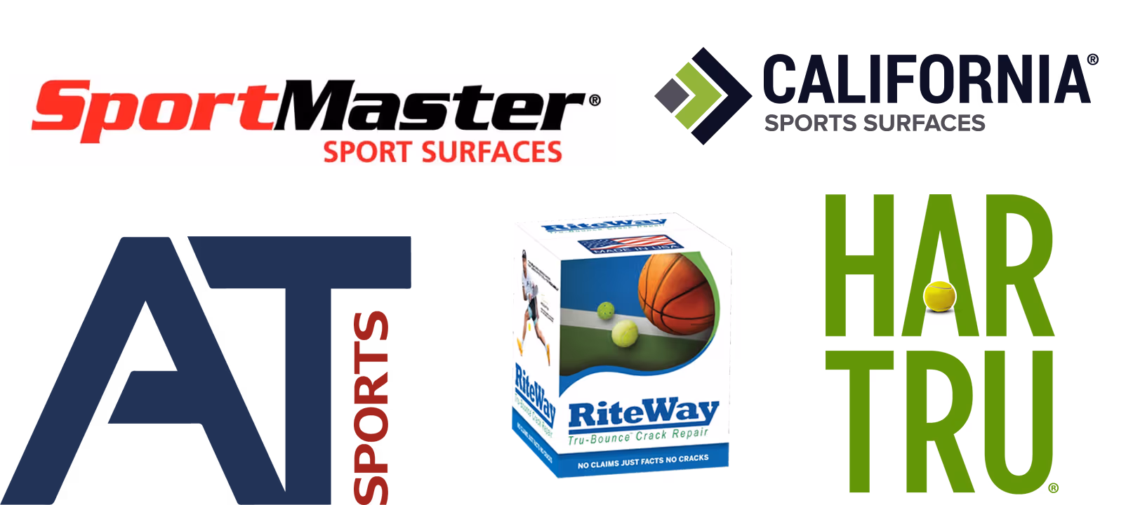 A collection of professional sport court product and material logos, including SportMaster, California Sport Courts, Har Tru, Ritway Tru-Bounce Crack Repair and AT Sports used for high-performance tennis and pickleball court surfacing across Traverse City and Northern Michigan.