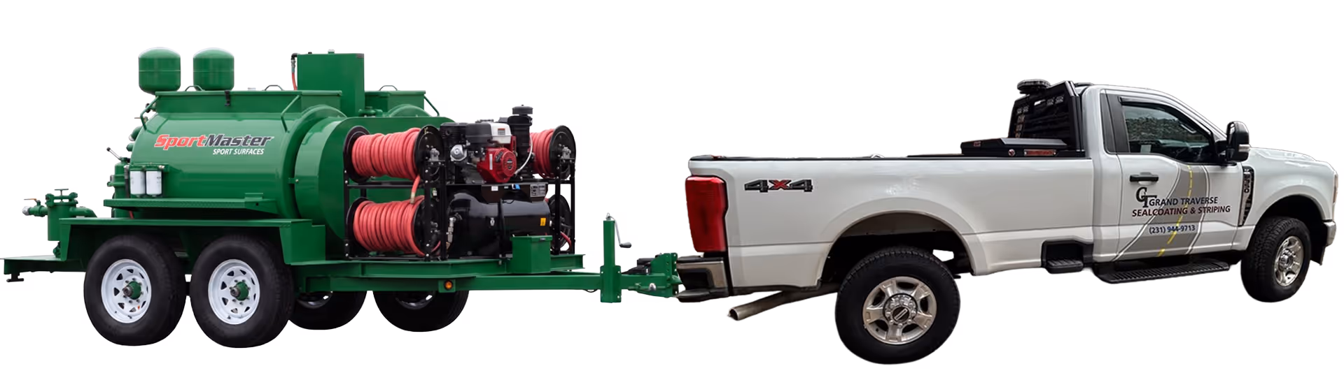 A heavy-duty Ford F-350 and specialized SportMaster mixing tank trailer used for large-scale tennis and pickleball court resurfacing projects. This mobile unit ensures consistent, high-volume material mixing for tournament-grade athletic coatings in Traverse City and Northern Michigan.