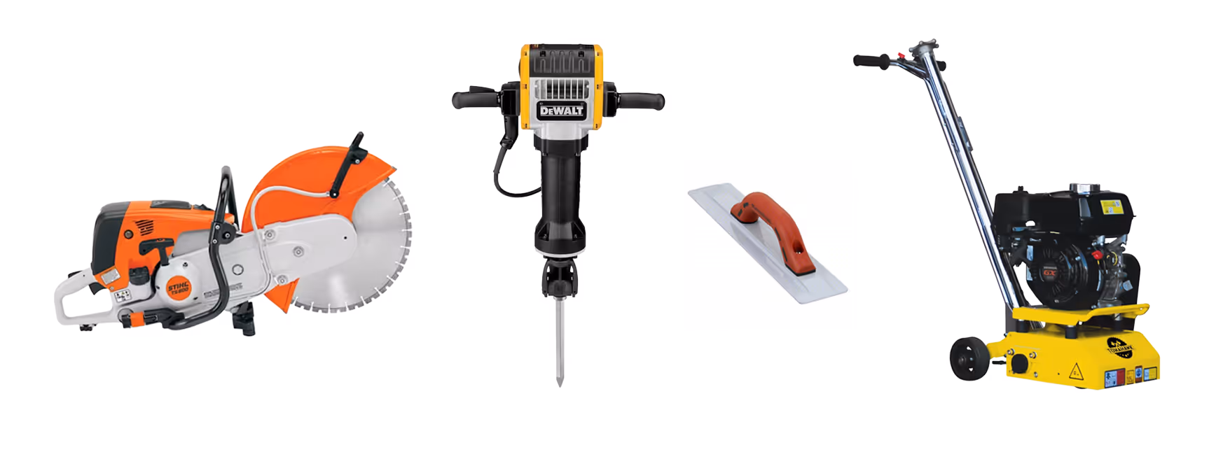 A collection of professional concrete tools, featuring a STIHL TS 800 Cut-Off Saw, a DEWALT demolition hammer, a Marshalltown magnesium hand float, and a Tomahawk concrete grinder. This industrial-grade equipment setup is used for precision cutting, structural demolition, and surface preparation on residential and commercial projects in Traverse City and Northern Michigan.