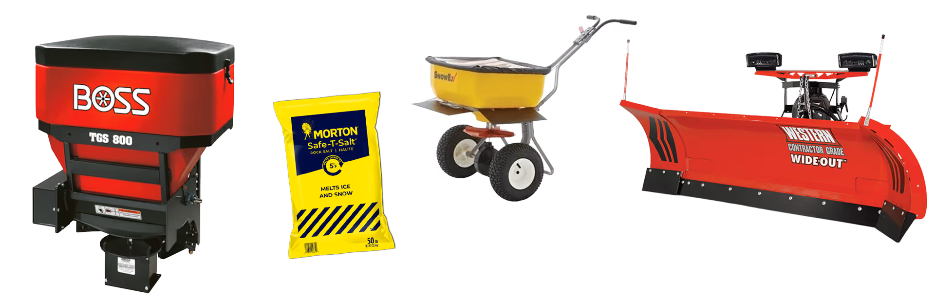 A collection of professional-grade snow removal and de-icing equipment, featuring a Western Wideout XL expandable snow plow, a Boss TGS800 truck-mounted tailgate spreader, a Snow-Ex push-behind sidewalk salter, and a bag of Morton Safe-T-Salt. This commercial-spec gear ensures efficient snow clearing and ice management for businesses in Traverse City and Northern Michigan.