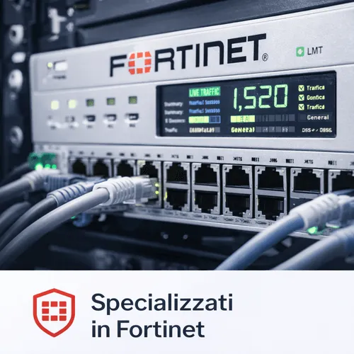 Dispositivo di rete Fortinet con cavi collegati e display che mostra traffico in tempo reale, con testo "Specializzati in Fortinet".