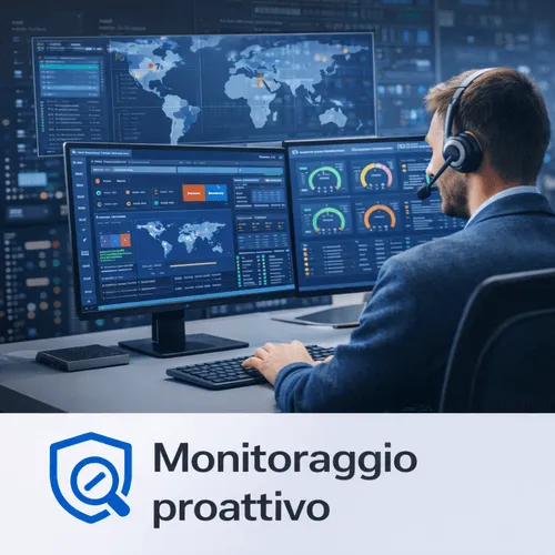 Uomo con cuffie che lavora su computer con due schermi che mostrano dashboard di dati e mappe del mondo per monitoraggio proattivo.