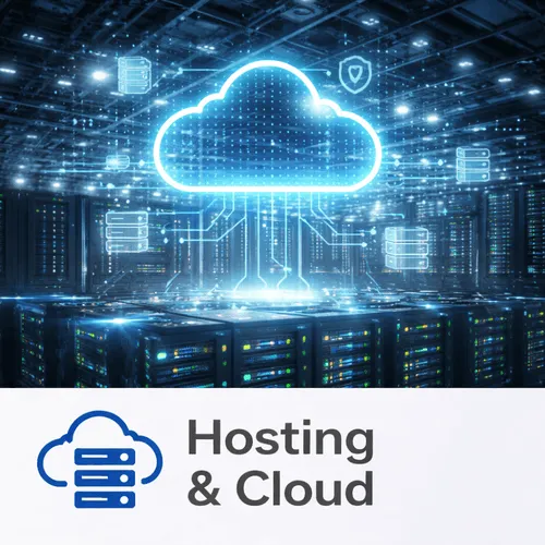 Illustrazione digitale di un cloud luminoso con icone di server e sicurezza sopra una stanza piena di dispositivi di hosting.