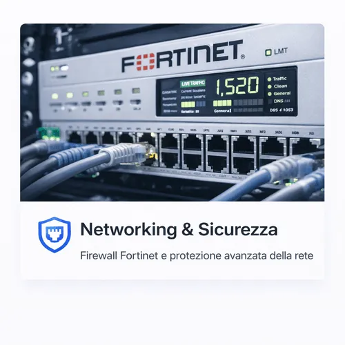 Dispositivo di rete Fortinet con cavi Ethernet collegati e schermo che mostra il traffico in tempo reale.