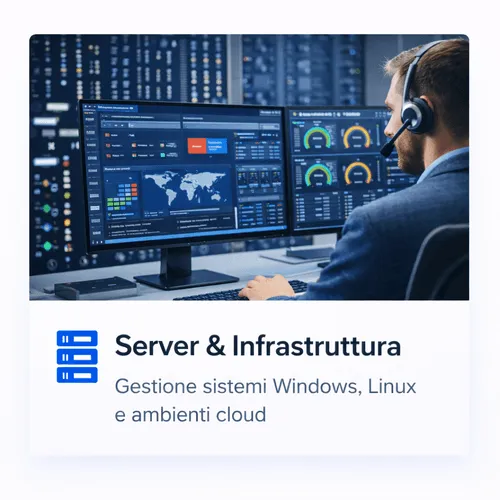 Operatore con cuffia che monitora dati e mappe del mondo su due schermi in un centro dati per la gestione di sistemi e infrastrutture IT.