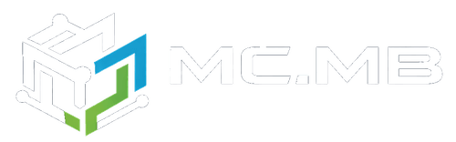 Logo MC.MB con design geometrico a cubo in bianco, verde e blu.