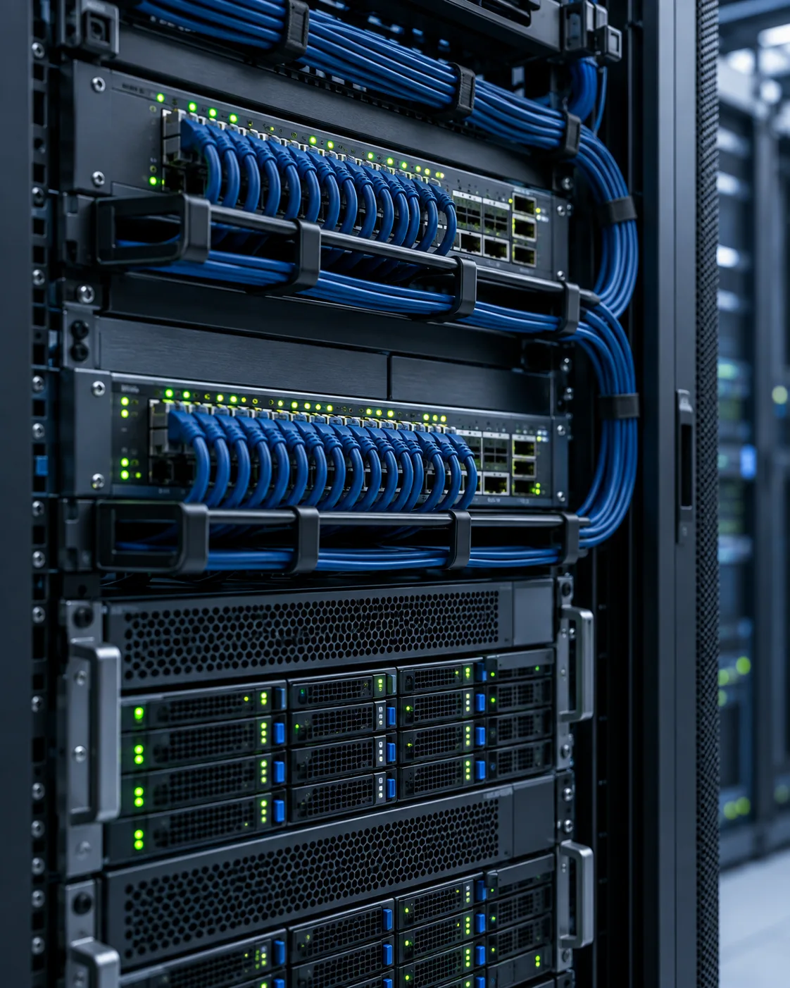 Rack di rete e server ordinato, immagine illustrativa