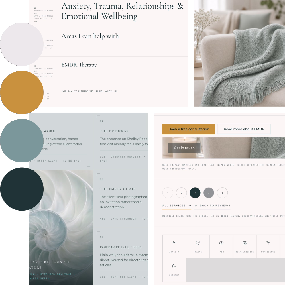 Mood board for the website, showing the colour palette, typefaces and reference photography.