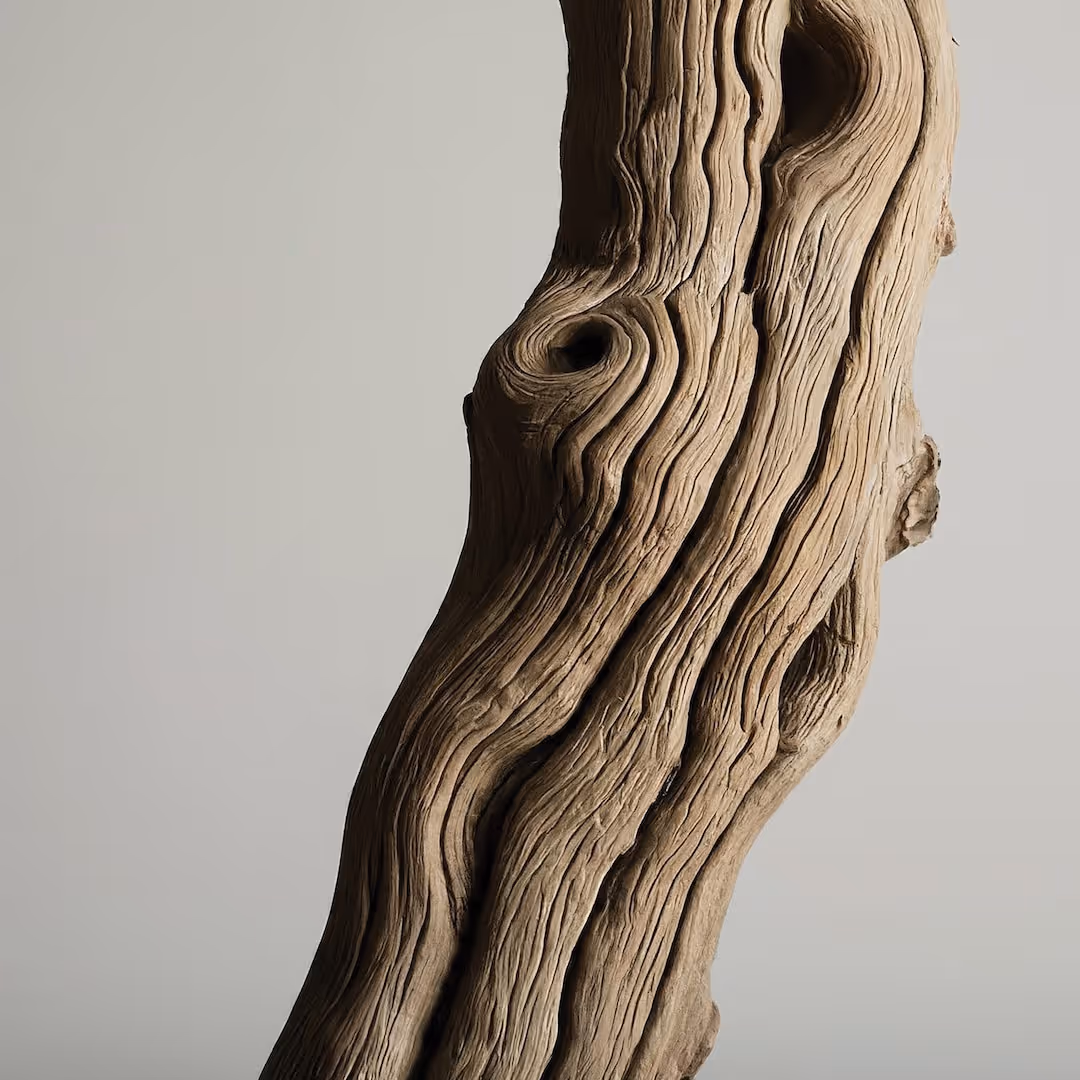 Close-up of a weathered tree trunk with deep grooves and knots in the wood texture.