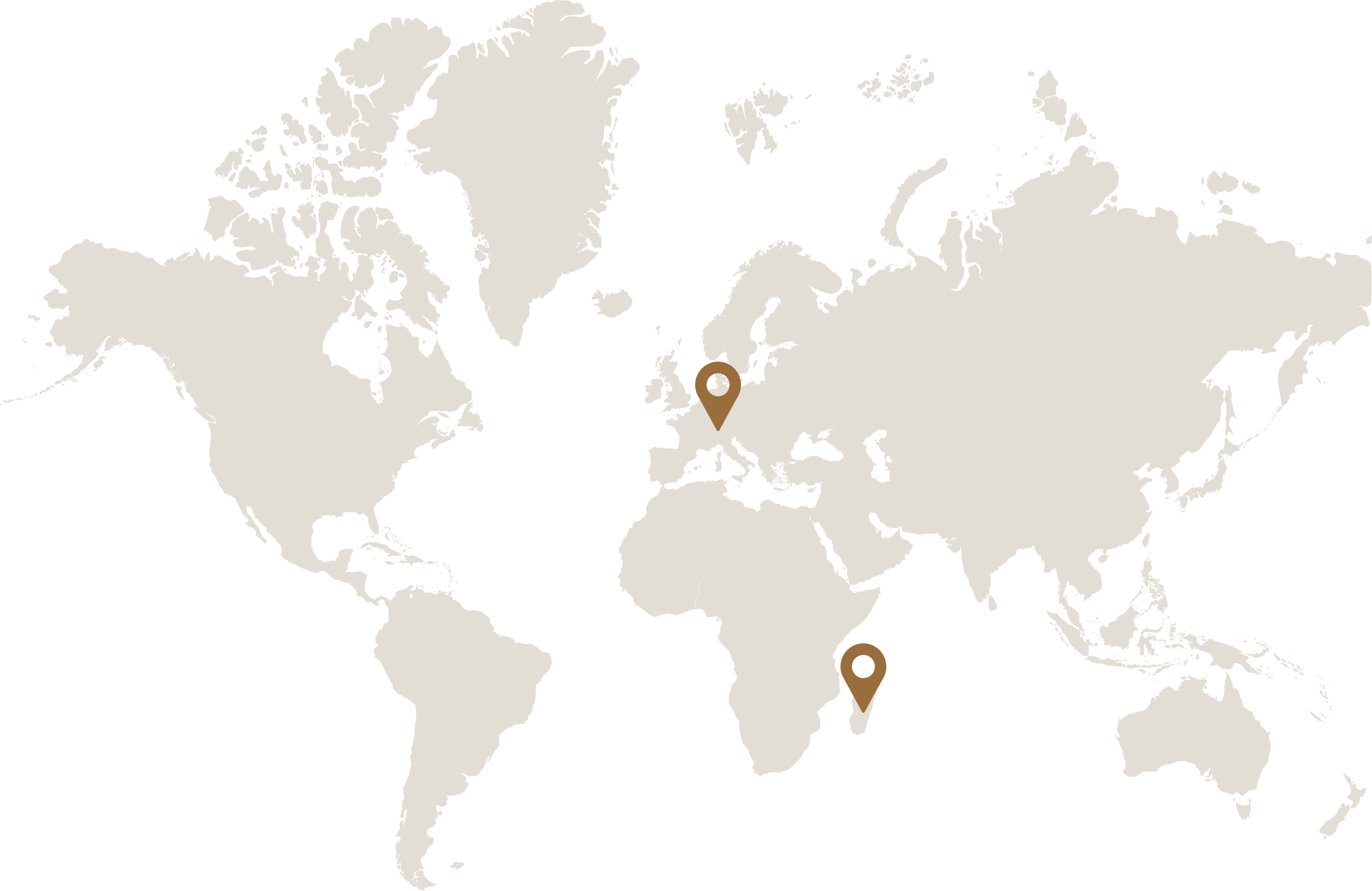 World map with location markers in central Europe and on the island of Madagascar in the Indian Ocean.