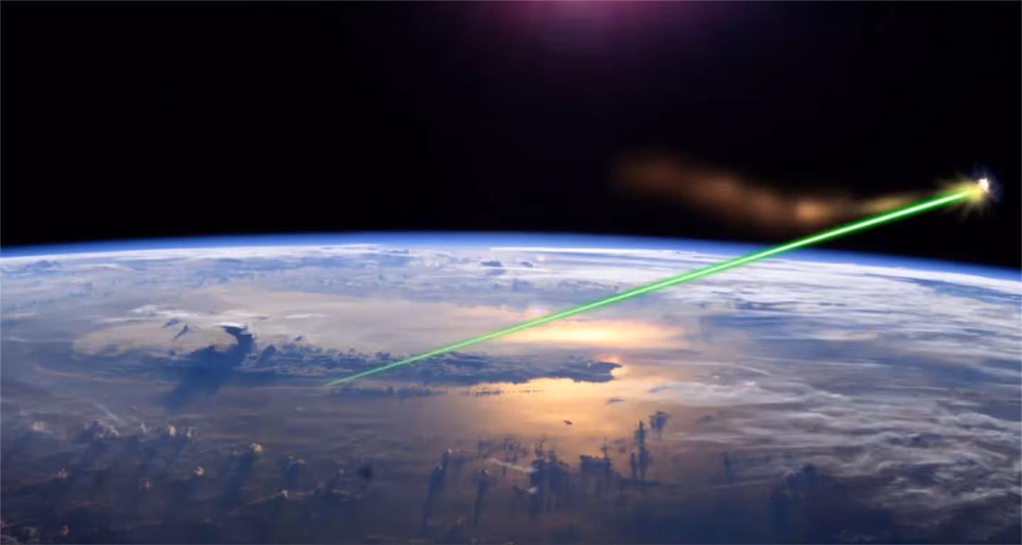 View of Earth from space with a green laser beam shooting across the atmosphere towards a bright source in space.