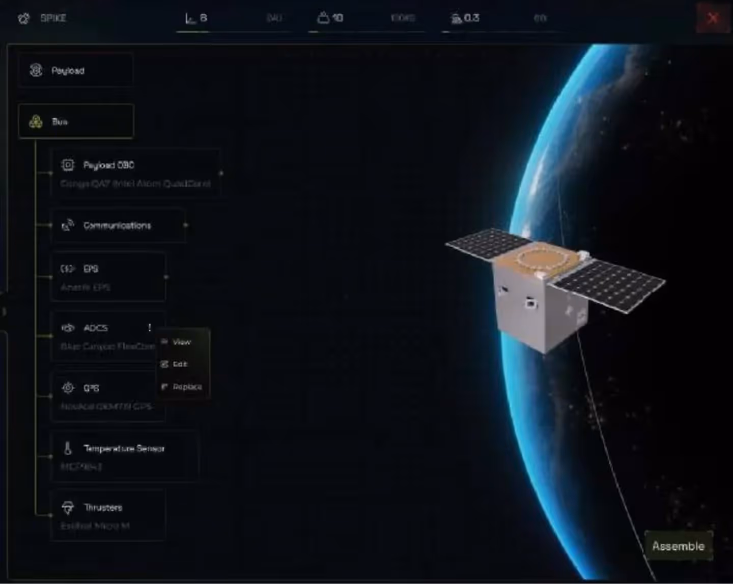 Interface showing a satellite design with labeled components like payload, bus, communications, EPS, ADCS, QPS, temperature sensor, and thrusters, orbiting Earth.
