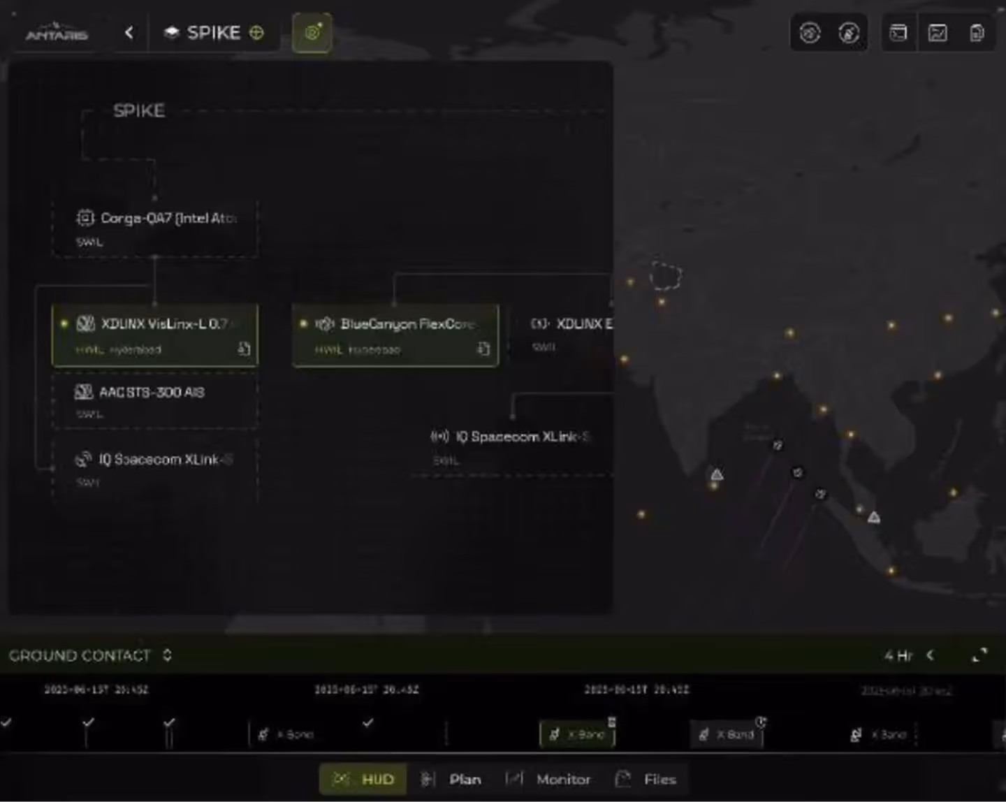 Antaris SPIKE system interface showing hardware components and a map with ground contact points.