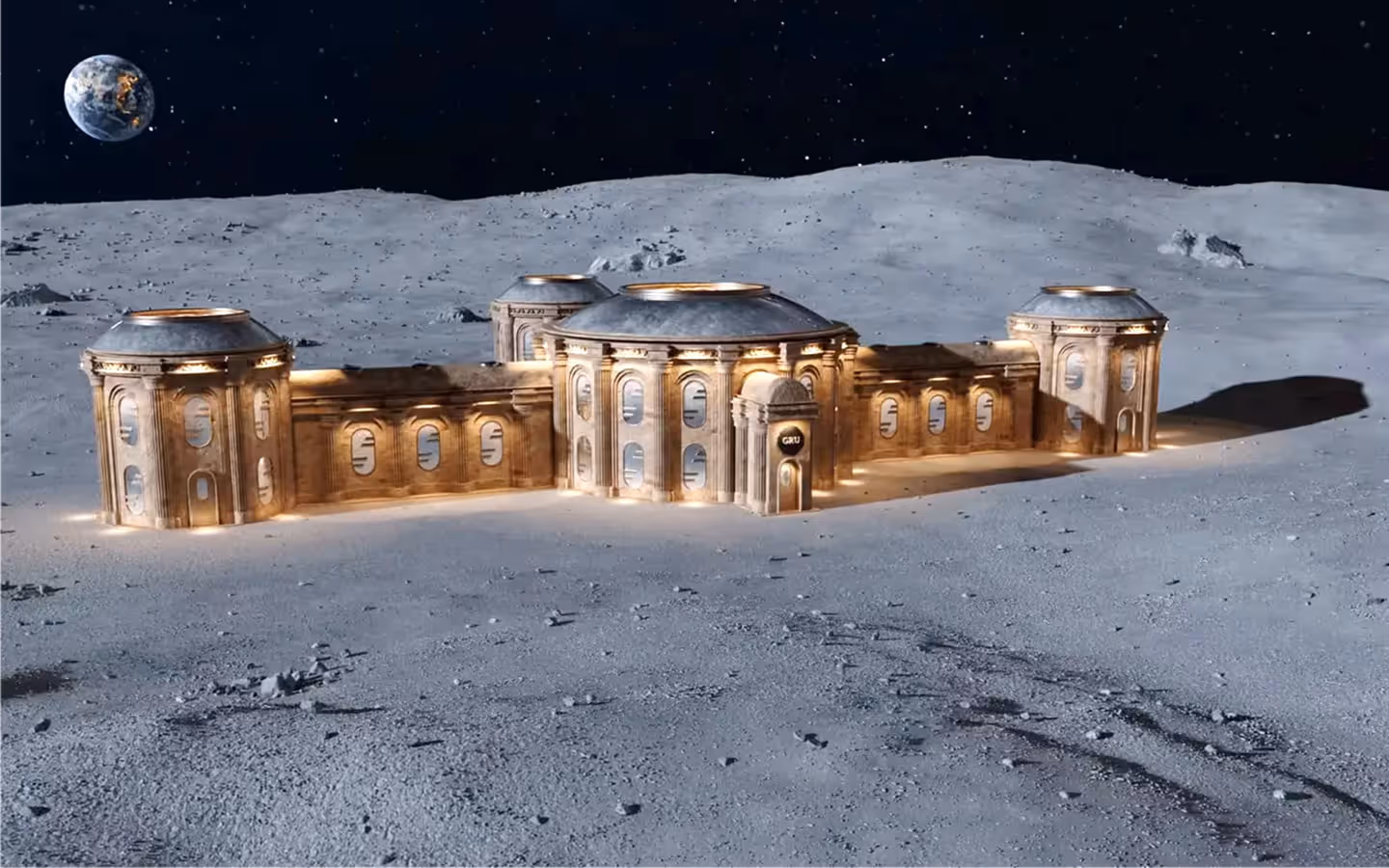 Illuminated classical-style building with columns and domes on a barren moon surface with Earth visible in the dark sky.