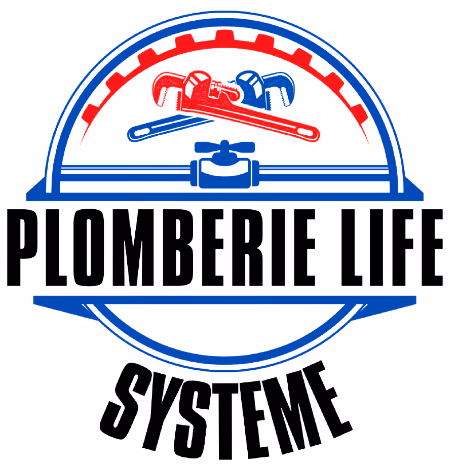Logo représentant deux clés à tube croisées, l'une rouge et l'autre bleue, au-dessus d'un robinet d'eau et d'un tuyau, avec l'inscription « PLOMBERIE LIFE SYSTEME ».