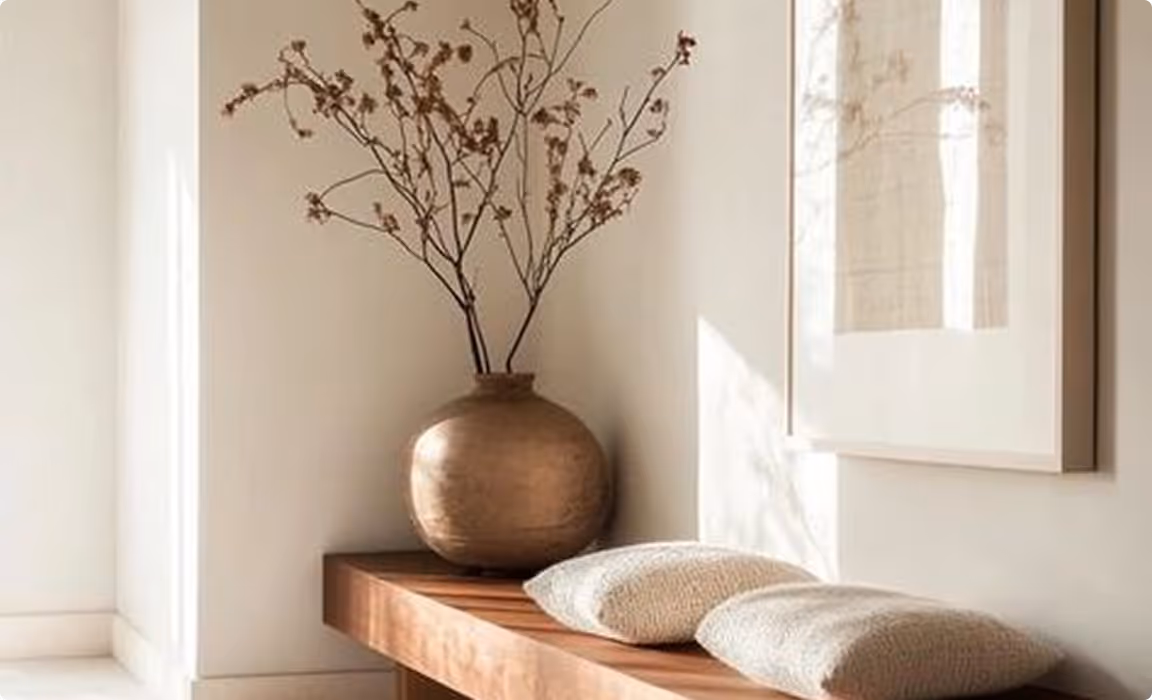 Wooden bench with beige cushions and a large round vase holding dried branches by a white wall.