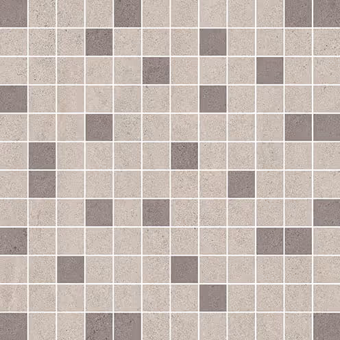 Grid of small square mosaic tiles in shades of grey with a speckled texture.