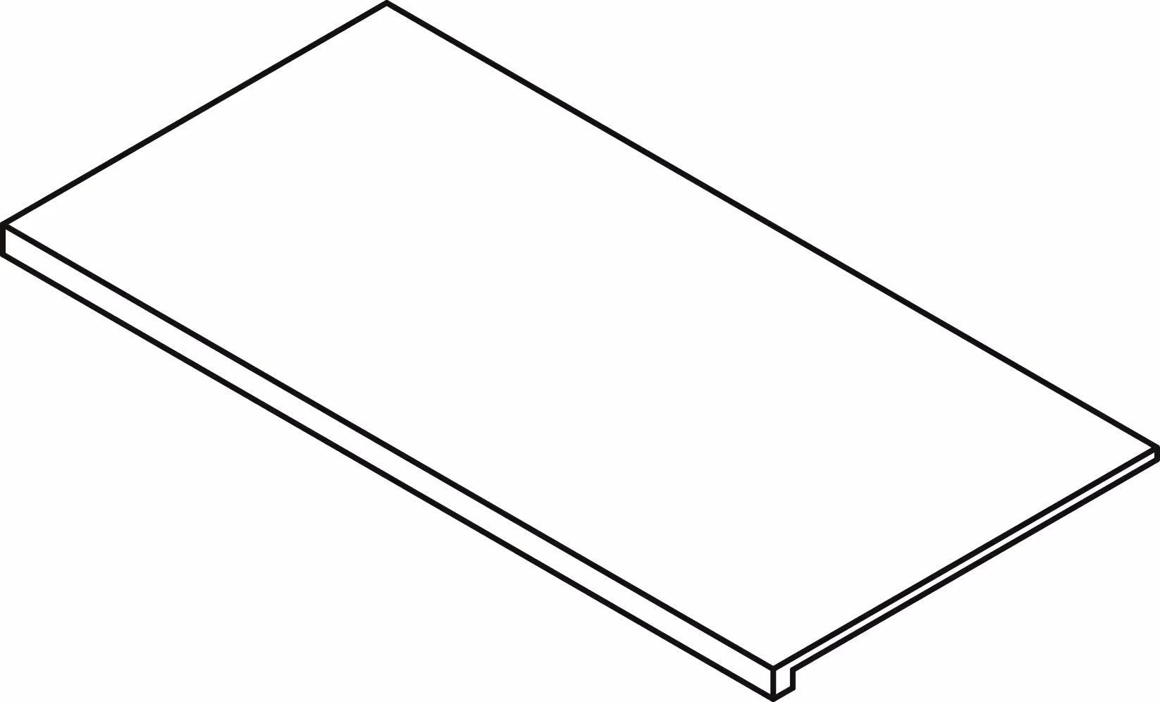 Line drawing of a rectangular stair tread with a rounded edge.