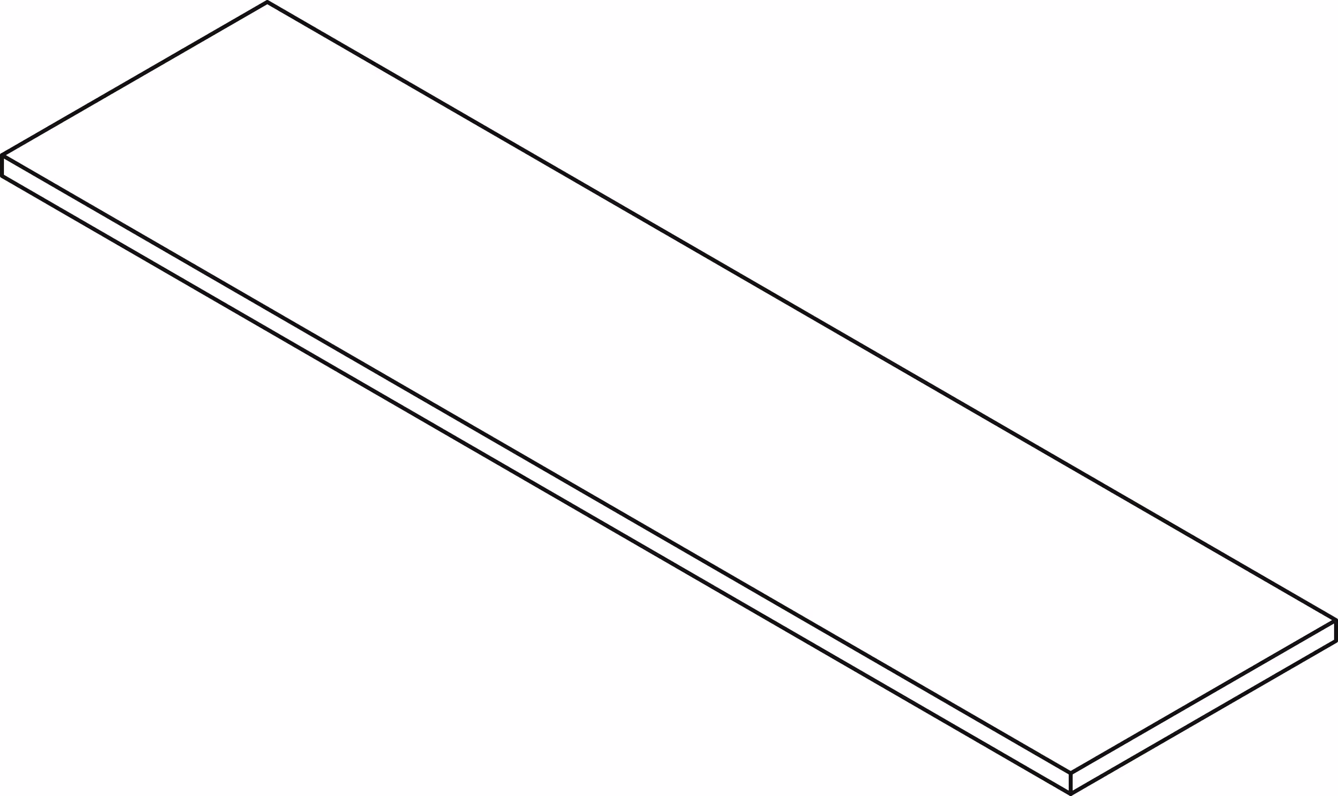Isometric drawing of a simple rectangular plank with clean edges and no texture.