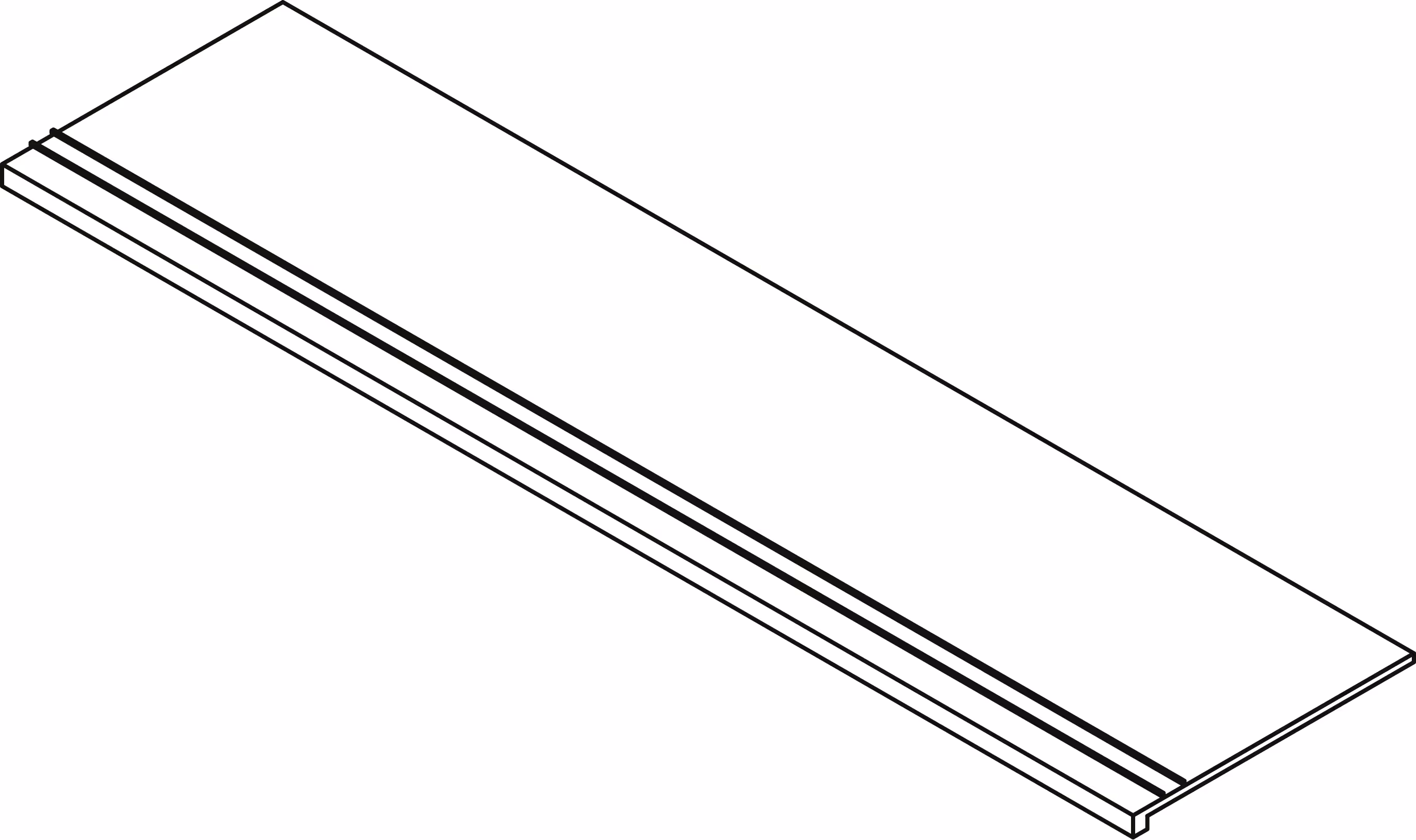 Isometric drawing of a rectangular stair tread with textured nosing for slip resistance.