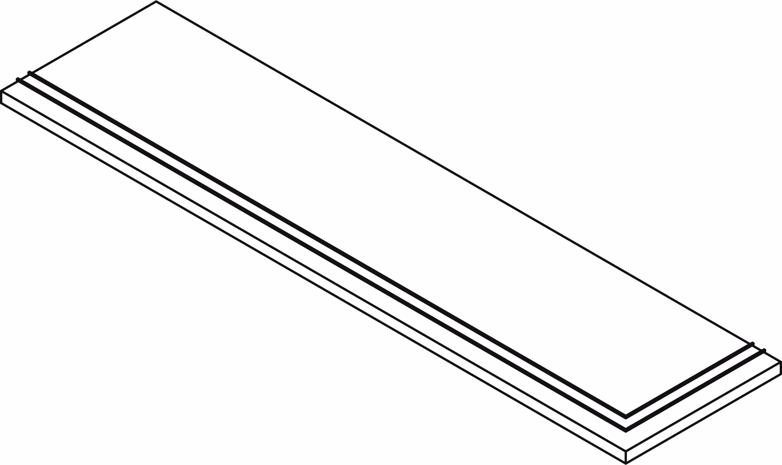 Isometric line drawing of a rectangular metal stair nosing with two grip grooves along one edge.