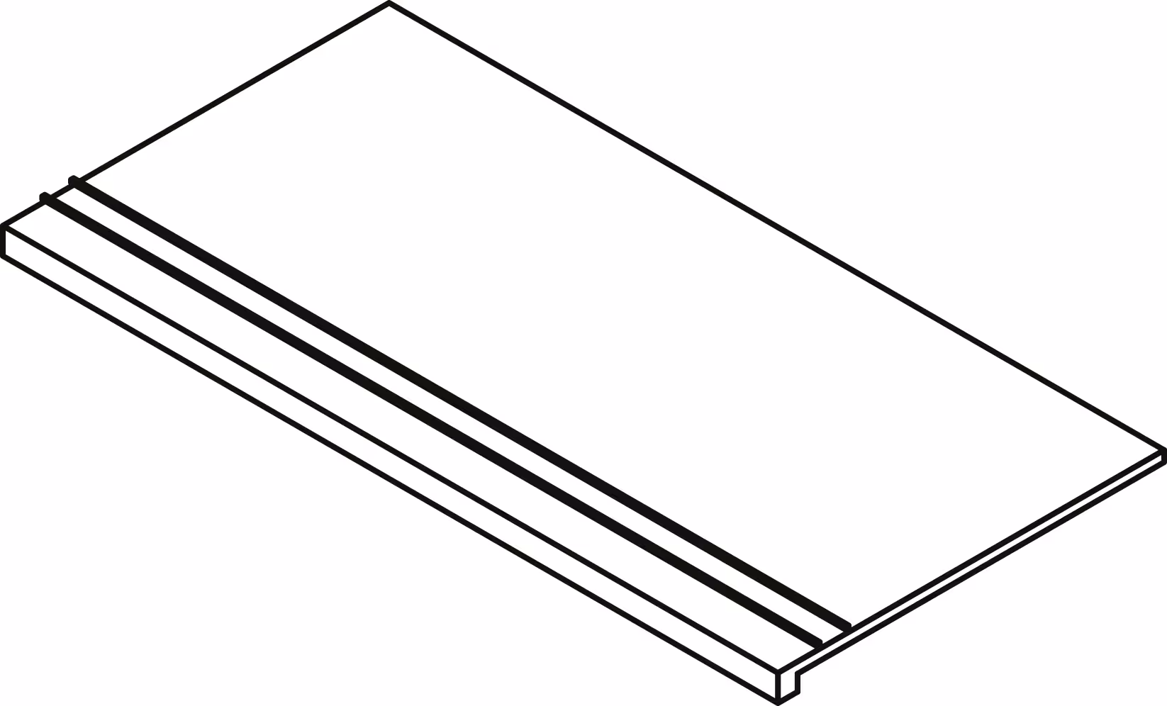 Isometric drawing of a stair tread with two anti-slip grooves near one edge.
