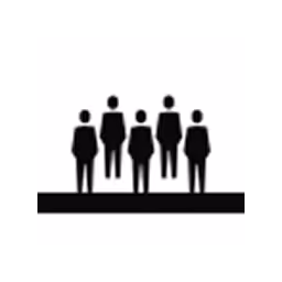 Black silhouettes of five people standing on a horizontal platform against a white background.