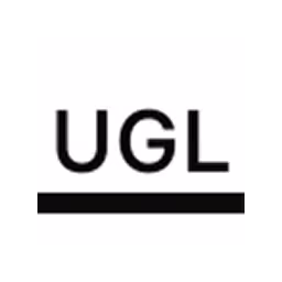 Black letters UGL above a horizontal black line on a white background.