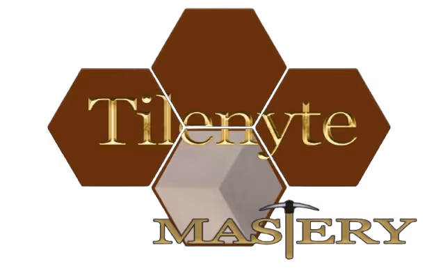 Logo with brown hexagons and gold text reading Tilenyte Mastery with a pickaxe symbol.