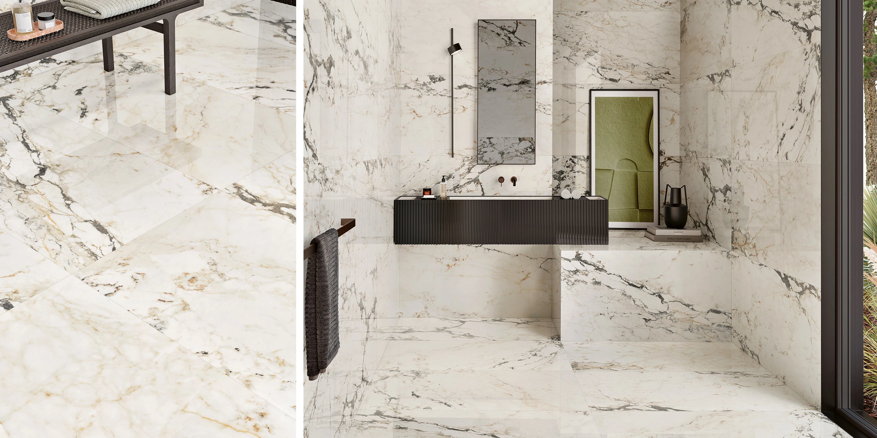 Modern bathroom with glossy white marble tiles, a black vanity, mirror, and a large window with plants outside.