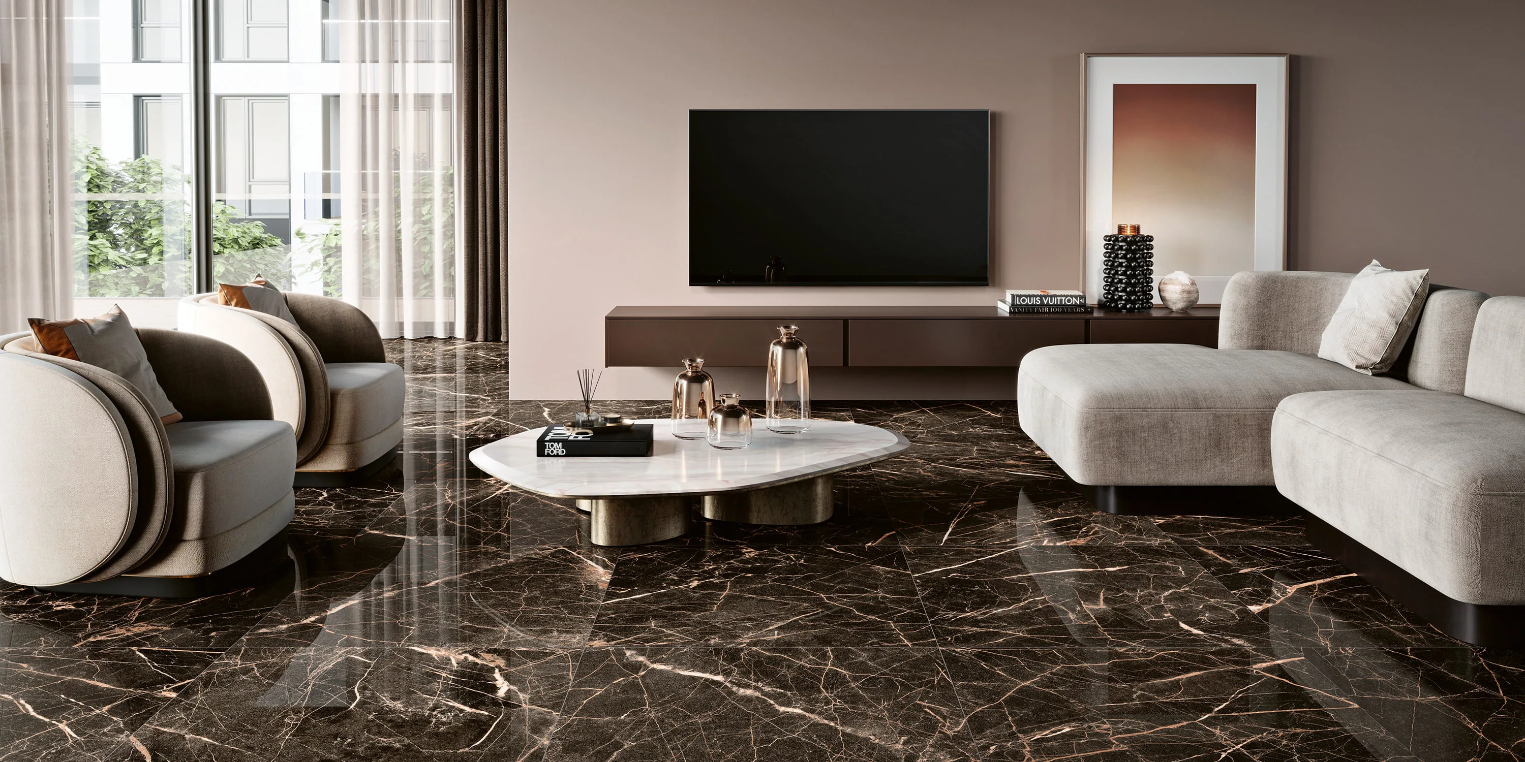 Modern living room with beige couches, a white marble coffee table on polished dark marble floor, and a wall TV.