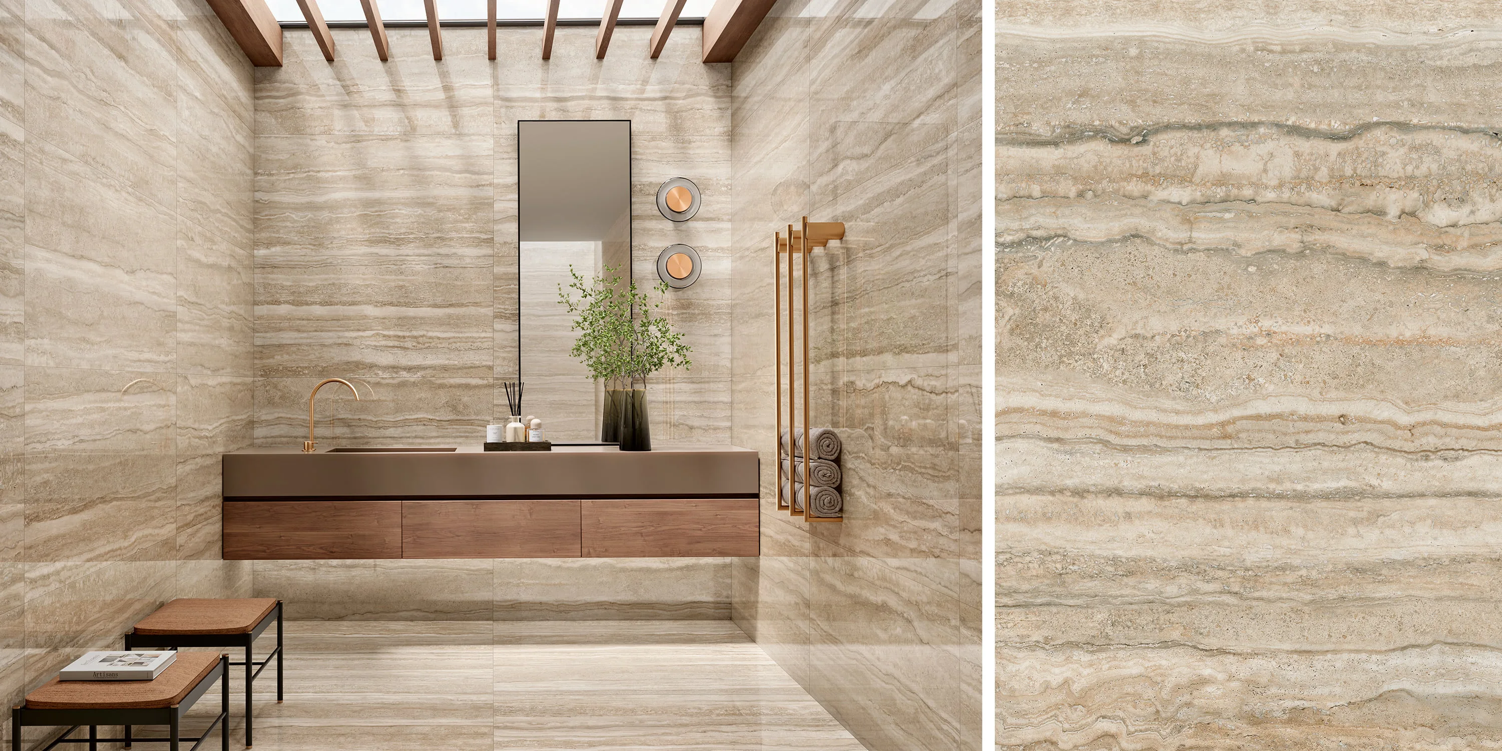 Modern bathroom with beige travertine stone walls and floor, floating vanity, mirror, and wooden benches.