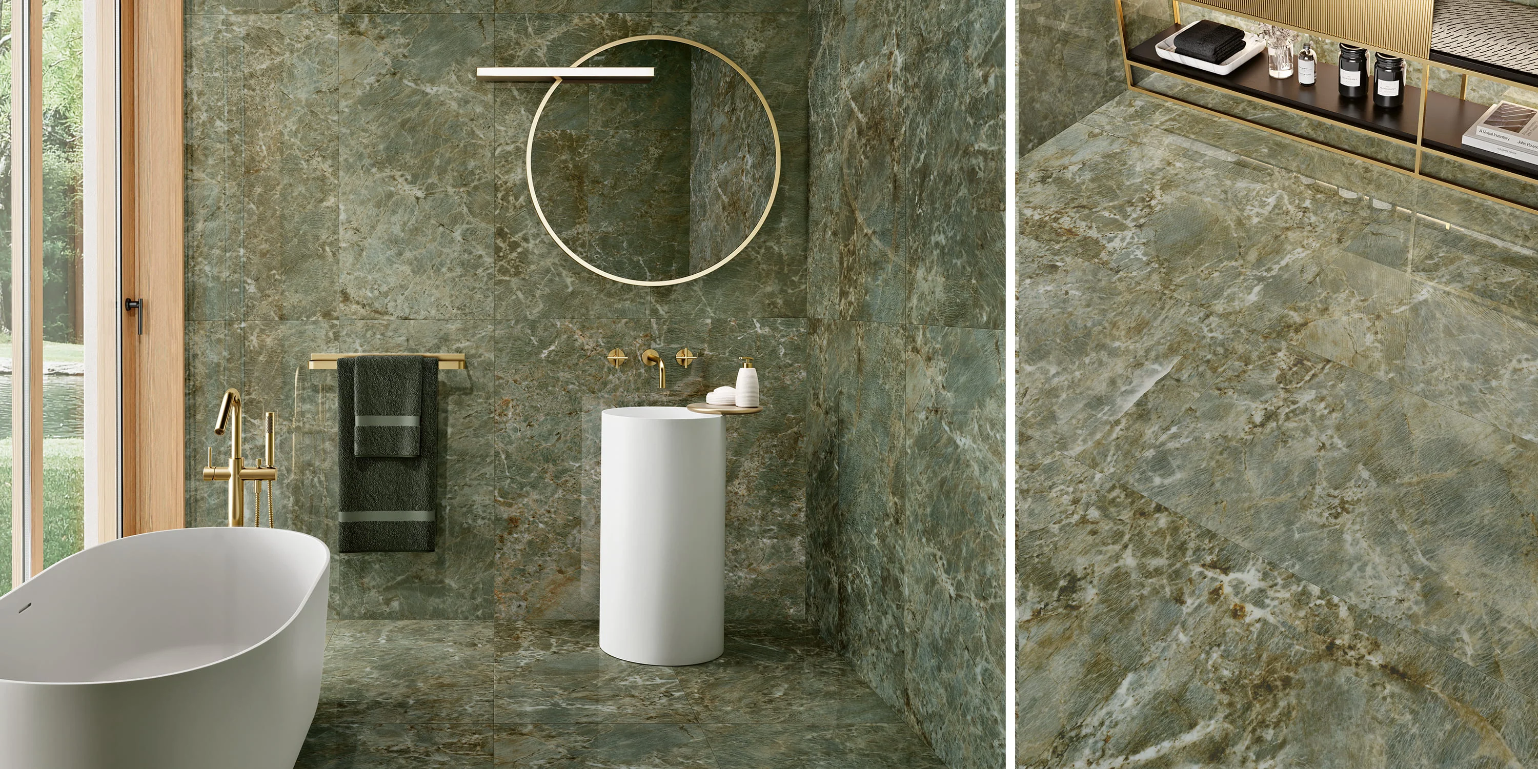 Modern bathroom with green marble walls and floor, white oval tub, and gold fixtures.