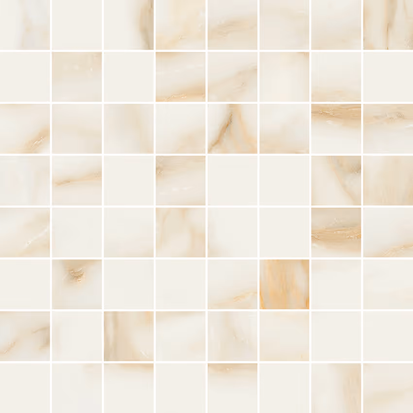 Grid of mosaic tiles with soft beige and gold marble patterns on white background.