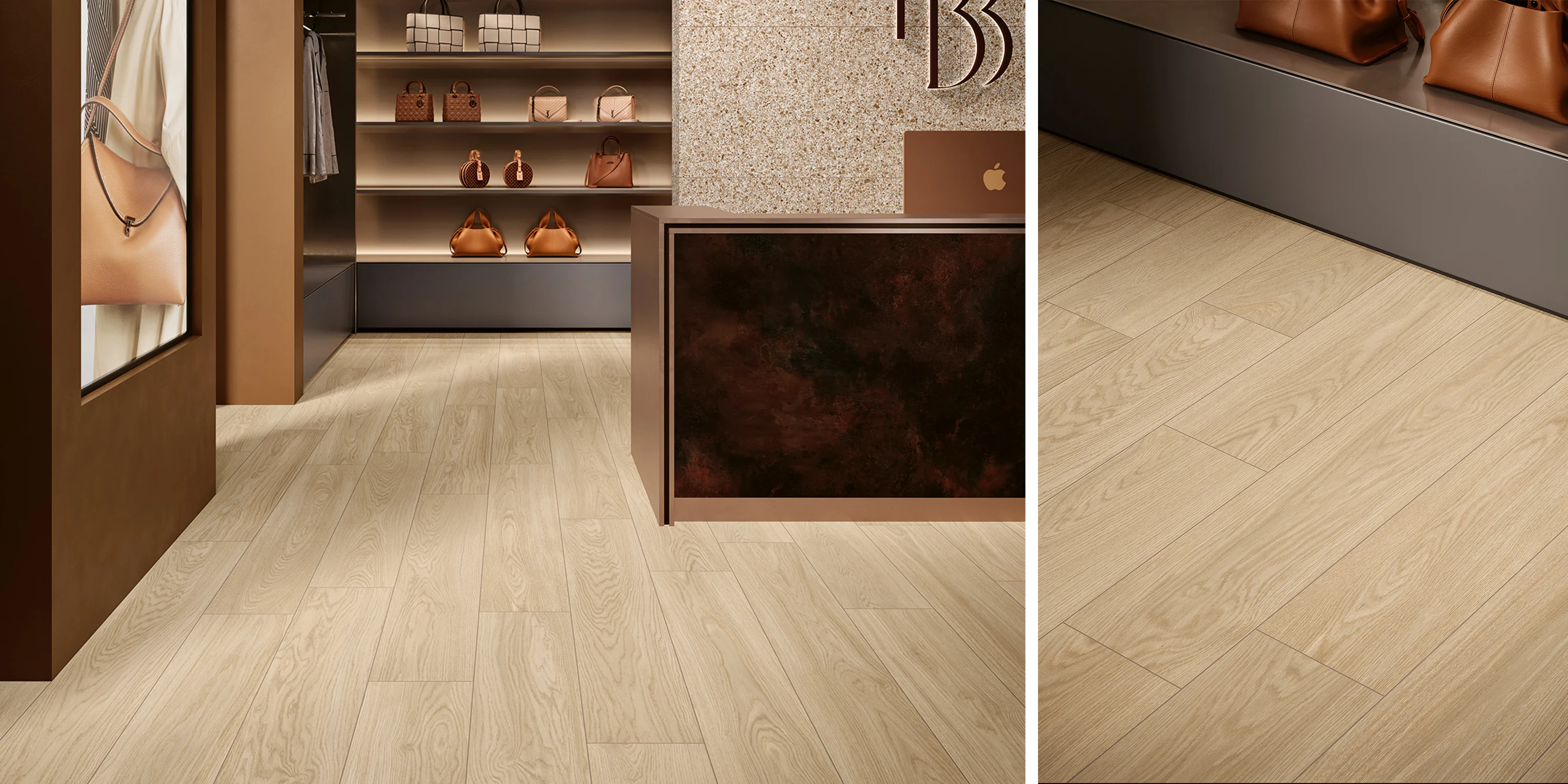 Light wood-look tile flooring in a brown-toned retail space with handbags on shelves and a display counter.