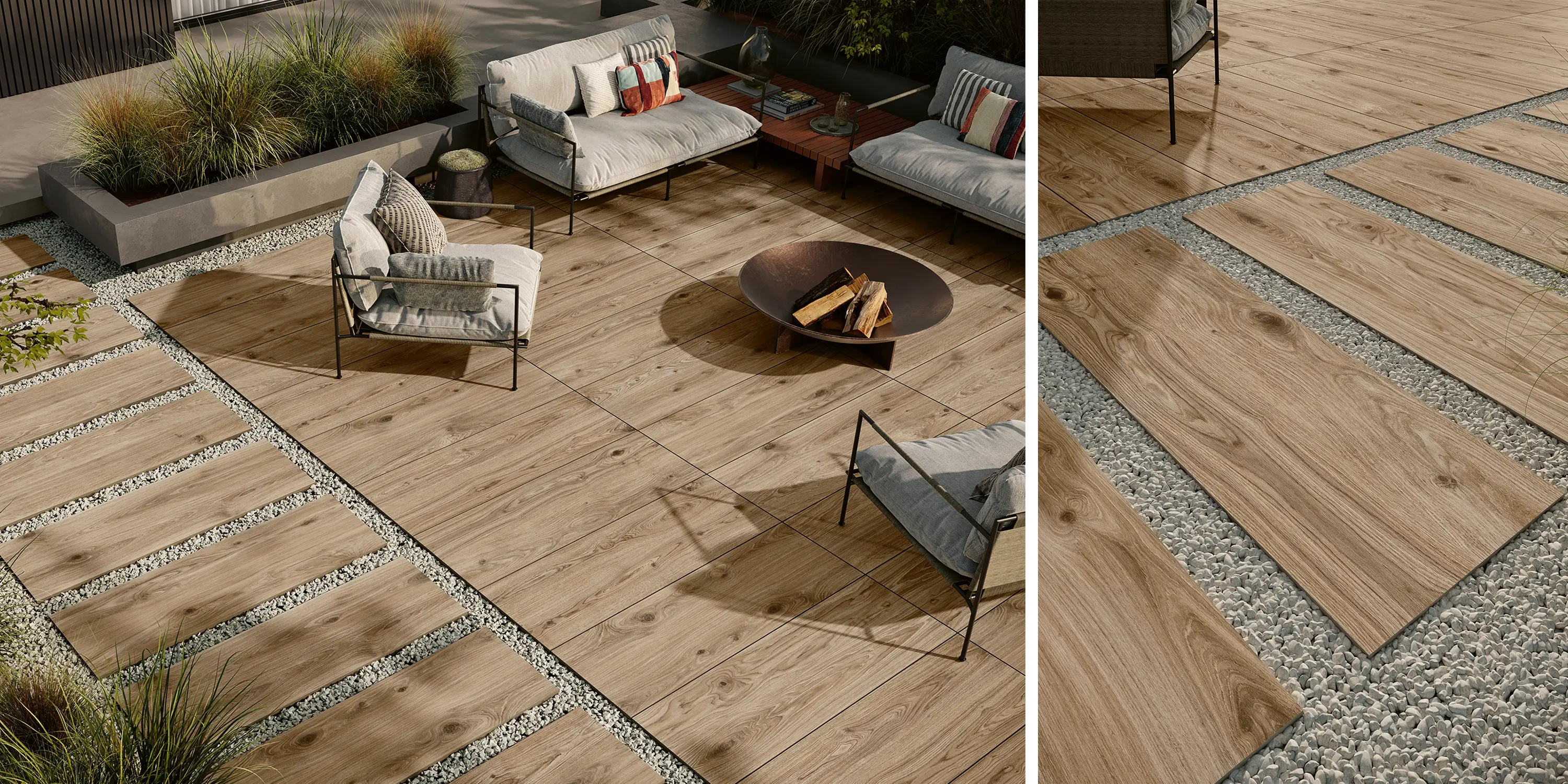 Outdoor patio with beige wood-look tiles, cushioned chairs, fire pit, and gravel pathways.