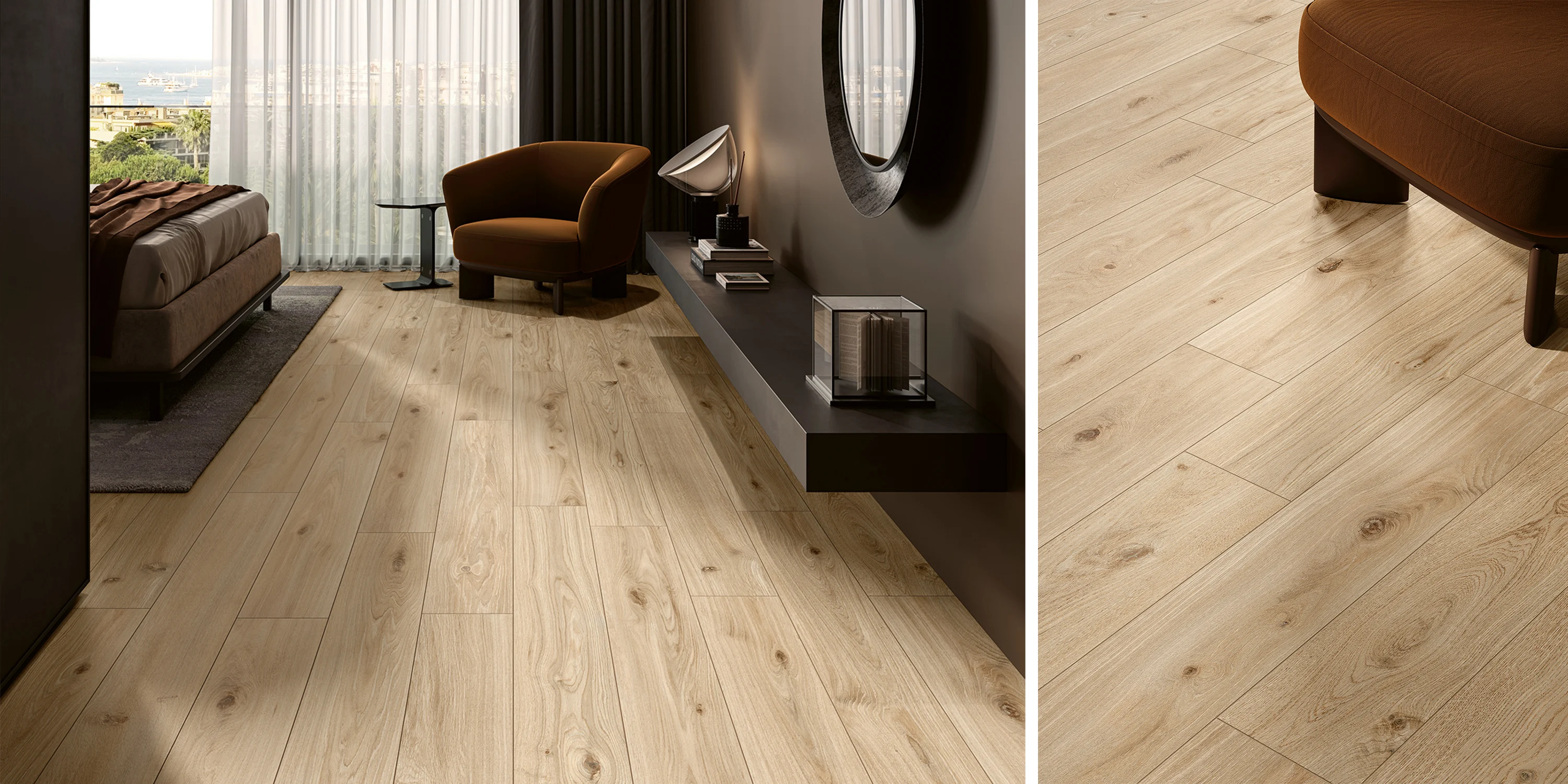Light wood plank flooring in a room with brown chair, bed, and floating dark shelf with decor.