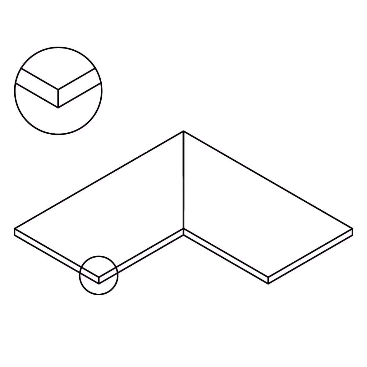 Isometric line drawing of an L-shaped inner corner with a detailed zoom on the corner joint.