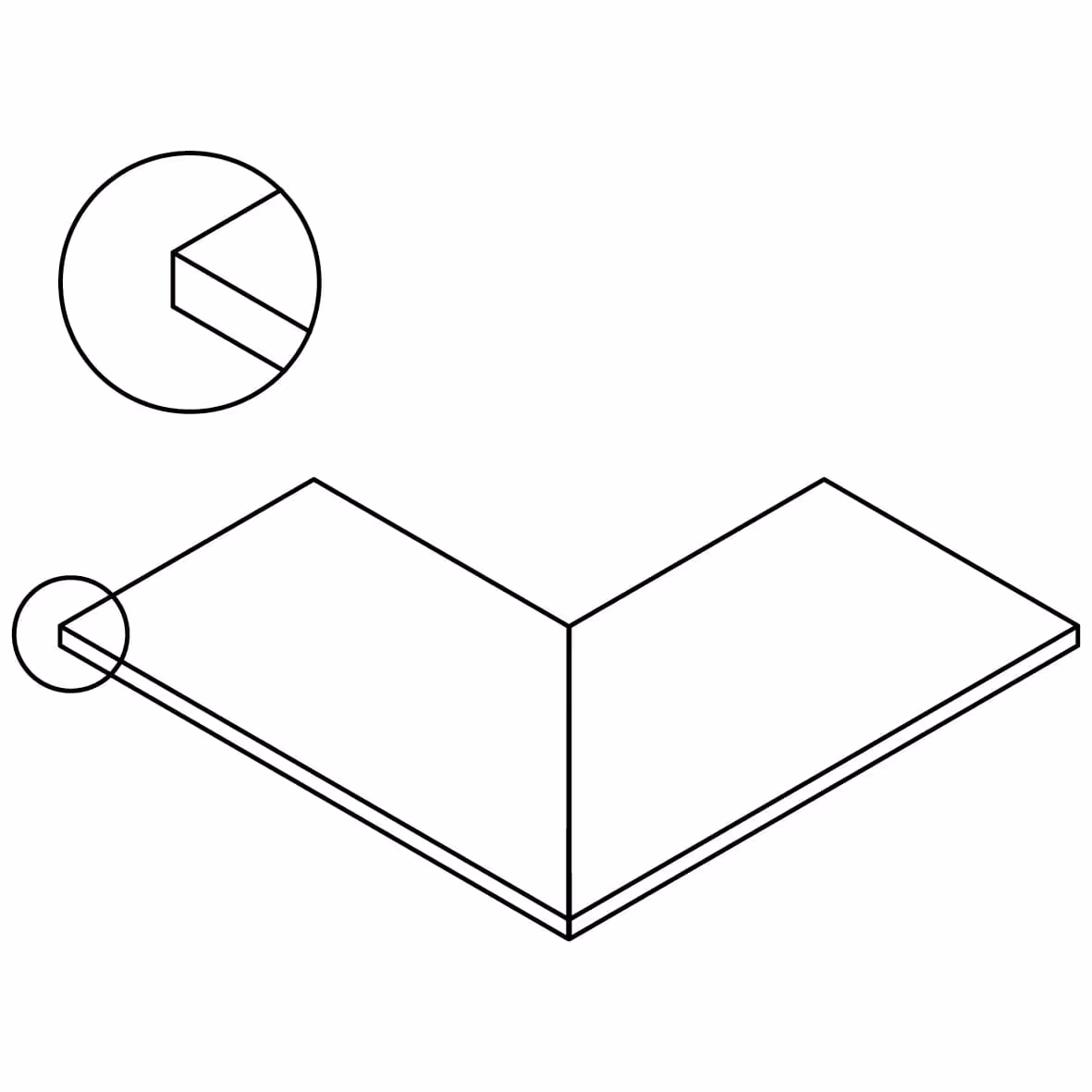 Line drawing of a right-angle corner panel with a zoomed inset showing a beveled edge detail.