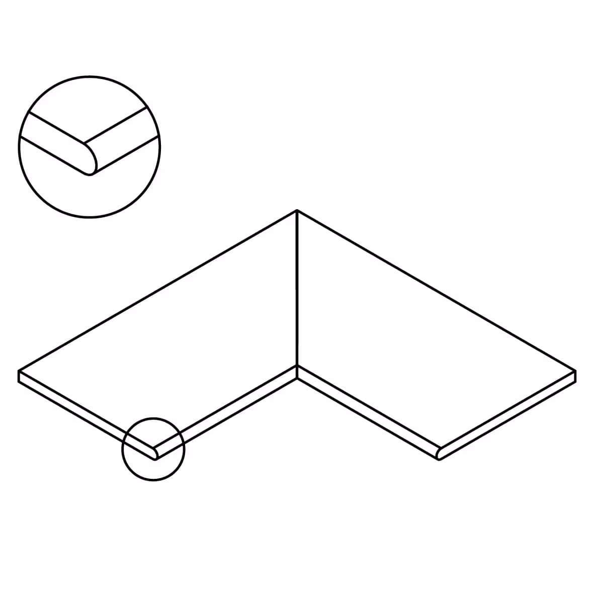 Line drawing of a bullnose inner corner countertop with rounded edges highlighted.