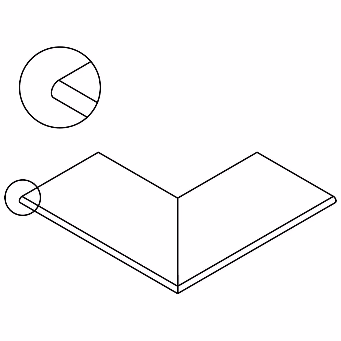 Line drawing of an L-shaped bullnose outer corner tile with a close-up detail of its rounded edge.