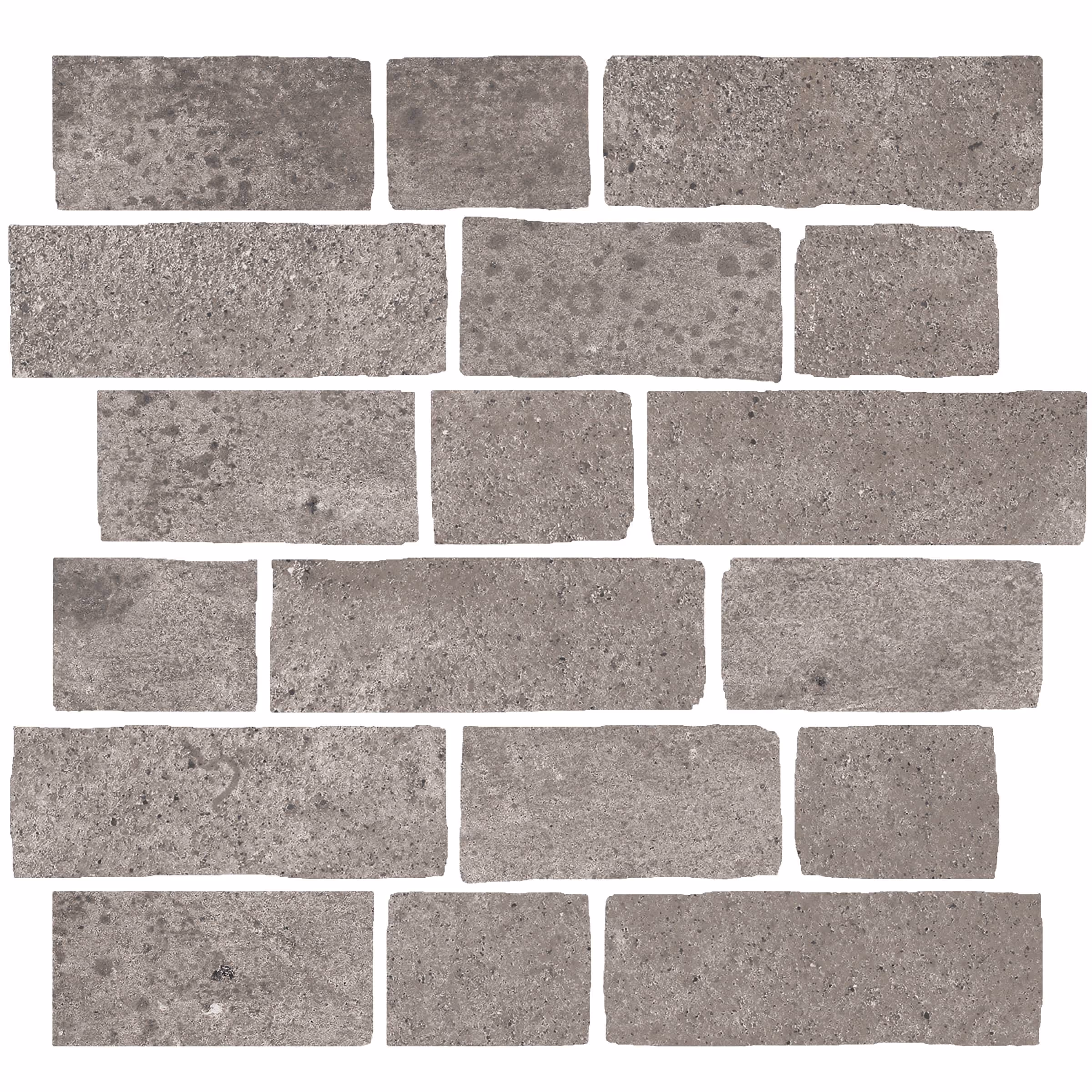 Pattern of gray textured bricks arranged in staggered rows with white gaps between them.