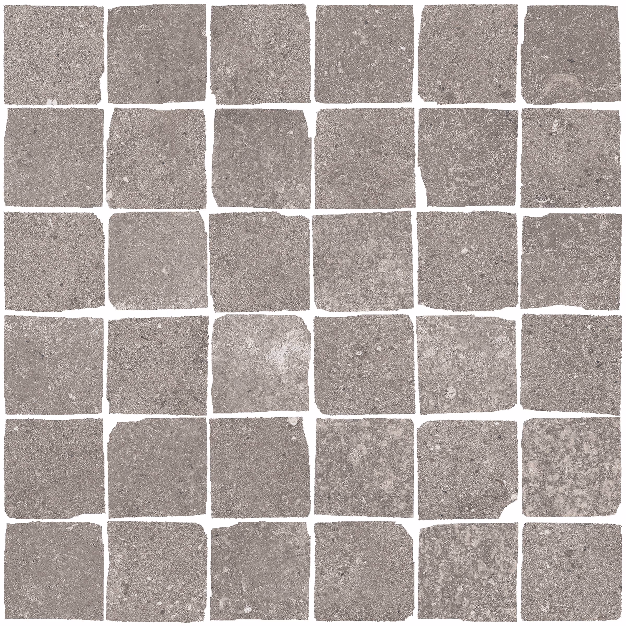 Grid of 35 textured gray stone tiles with rough edges arranged in five rows and seven columns.