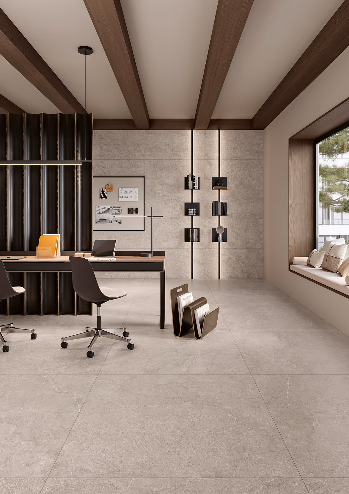 Modern office interior with wooden beams, black chairs, desk, magazine holder, and large window seating.